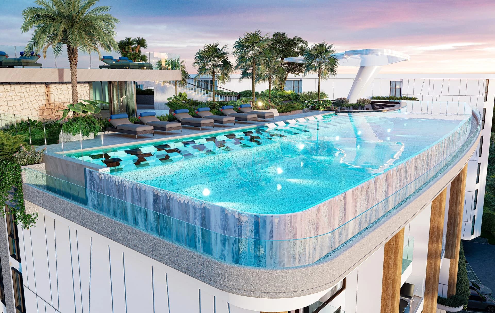 Rooftop infinity pool with sun deck — rendering